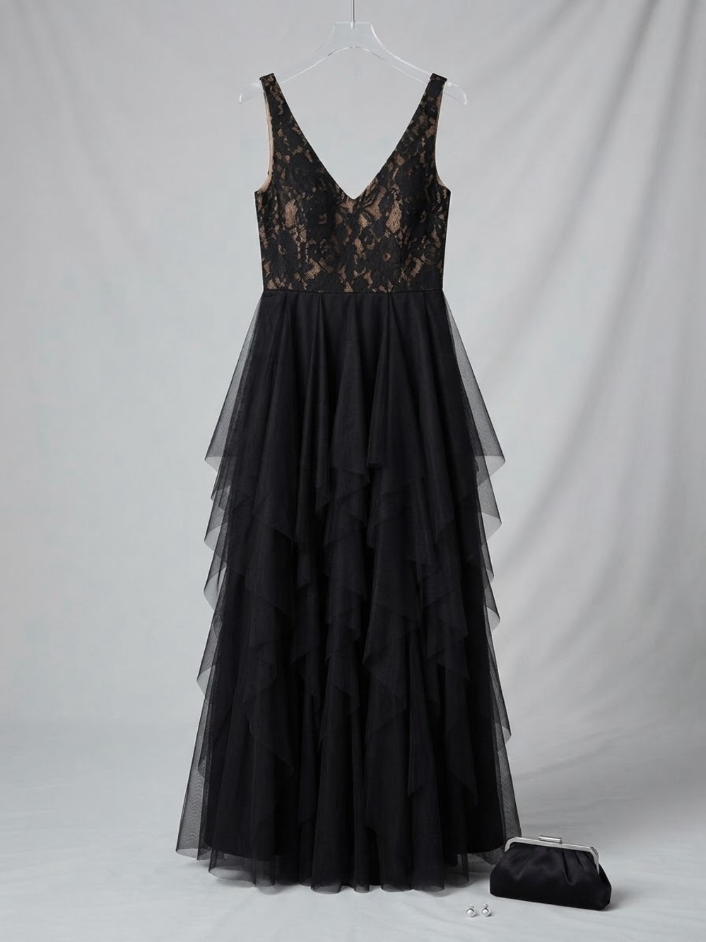 Aidan Mattox Black Lace Bodice Tiered Tulle Evening Gown size 12